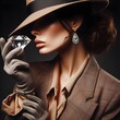 Suave avant garde female detective with diamond on white background