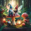 Whimsical fairy and gnome sitting on mushroom in magical forest reading book, education concept
