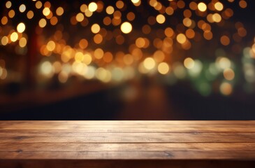 Wall Mural - Empty wooden table top with blurred background of bar or cafe at night for product display montage, banner design.