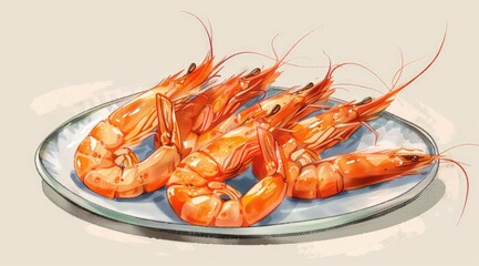 Wall Mural - Boiled prawn shrimps on a plate.