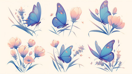  A delightful assortment of colorful cartoon butterflies with playful patterns, perfect for cheerful illustration designs on white background