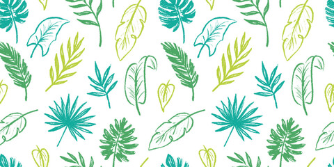 Wall Mural - Tropical leaf seamless pattern background. Hand drawn crayon brush abstract green tropic leaves seamless pattern. Floral abstract hand drawn print background. Vector illustration