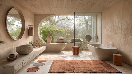 Modern Earthy Toned Bathroom Interior with View of Nature