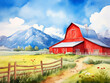 Rustic watercolor landscape featuring a red barn with a backdrop of snow-capped mountains and clear skies