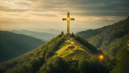 Wall Mural - Holy cross symbolizing the death and resurrection of jesus christ with dramatic sky view