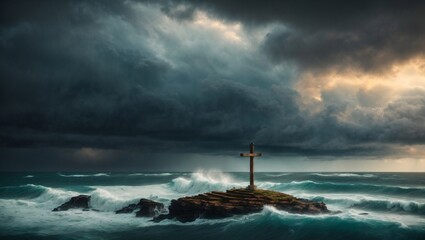 Wall Mural - Holy cross symbolizing the death and resurrection of jesus christ with dramatic sky view