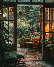 Garden View At Sunset, Cozy Corner With Warm Lighting, Inviting And Energetic Atmosphere