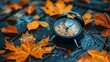© Jennifer - Daylight Saving Time. Alarm clock and orange color leaves on wooden table. Autumn time. Fall time change. Autumn leaves fall and winter approaches, the concept of daylight saving time