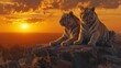 a couple of tigers at sunset