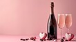 A bottle of sparkling wine for Valentine's day and two heart-shaped glasses of wine and chocolate on a pink background