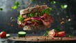 sandwich with bread, roast beef with marinated cucumber, cheese, lettuce, red onion, tomato, sauce and species on slices of bread. All ingredients are in the air