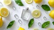 Citrus leaves sliced lemons and perfume bottle with water drops on a white background