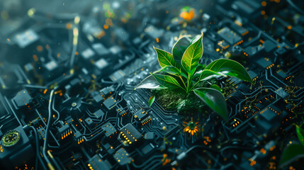 Sustainable plants thrive amidst digital infrastructure in a harmonious blend of nature and technology. The integration of sustainable practices with advanced digital technologies. Generative AI.