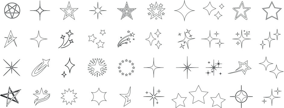 Star outline collection, vector illustrations. Diverse styles of stars, hand drawn, geometric, abstract. Perfect for icons, decorations, logos. Black outlines on white background