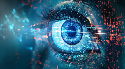 Digital eye, data network and cyber security technology, vector background. Futuristic tech of virtual cyberspace and internet secure surveillance, binary code digital eye or safety scanner.