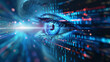 Digital eye, data network and cyber security technology, vector background. Futuristic tech of virtual cyberspace and internet secure surveillance, binary code digital eye or safety scanner.