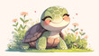 © feeling lucky - A heartwarming illustration of a smiling cute cartoon turtle enjoying a sunny day amidst vibrant greenery on white background