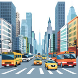 Fototapeta  - A bustling city street with taxis and buses. clipart