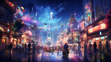 Fototapeta Uliczki - A bustling city street at night with colorful lights 