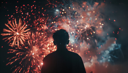 Poster - A man is standing in front of a fireworks display