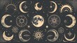 illustration set of moon phases. Different stages of moonlight activity in vintage engraving style. Zodiac Signs