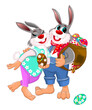 Happy bunnies with Easter eggs. Cartoon bunnies with Easter eggs. The hares smile and hold Easter-colored eggs in their paws