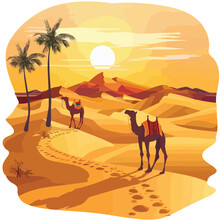 A Serene Desert Landscape With A Camel Caravan. Clipart