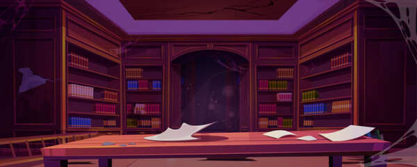 Abandoned public school library with books on broken shelves and furniture, mess and cobweb. Damaged old literature storage room interior. Cartoon vector illustration of bookcase in destroyed archive.