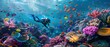 A Scuba diver amidst a stunning array of coral and fish in a lively underwater reef scene.