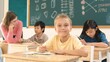 © Summit Art Creations - Caucasian smart child smiling at camera while doing classwork at classroom while happy multicultural student doing test or writing note in classroom at elementary class. Education concept. Pedagogy.