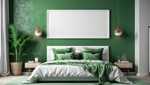 Green Bedroom Interior Space With Mock Up Poster On Wall Background. Interior Of A Bedroom. 3d Render