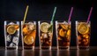 Disign glasses iced tea long island drinks lined on smooth surface 