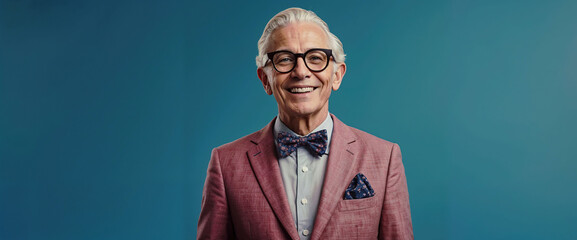 Photorealistic Portrait of an energetic Senior old Man in Trendy Fashion with Glasses, wearing a Colorful Outfit on a Solid Blue Background, generative AI 