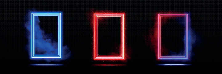 Wall Mural - red and blue neon frames set isolated on transparent background. vector realistic illustration of re