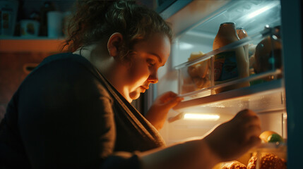 A fat young woman takes food out of the refrigerator at nigh