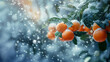 Ripe oranges, tangerines growing on a citrus branch with green leaves in the snow. Winter day. Bokeh effect. AI generative