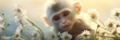 Animal : Baby Monkey sitting on beautiful green garden and playing flower. Little monkey playful in park view on sunny day. A baby macaque monkey in natural habitat, playing flower forest and jungle