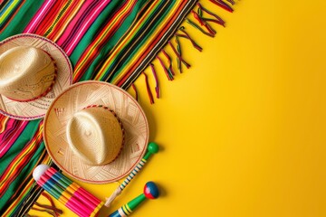 Mexican national holiday concept. Top view photo of sombrero hats maracas and colorful striped serape on isolated vibrant yellow background with empty space - generative ai