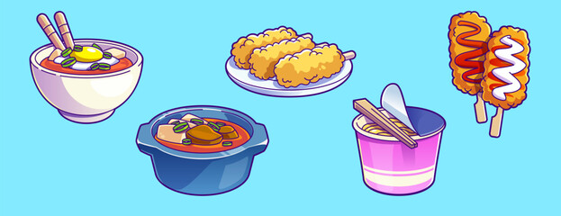 Korean traditional food set isolated on blue background. Vector cartoon illustration of asian dishes with spicy meat, eggs, vegetables and noodles in bowl and cardboard box, restaurant menu icons