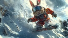 White Rabbit Wearing Goggles Snowboarding And Jumping Are Fun And Brave. On The Snow-covered Mountain