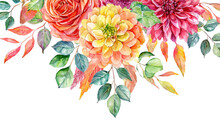 Watercolor Illustration Of Hanging Autumn Floral Corner Border With Dahlia, Rose And Eucalyptus Leaves. Isolated On Transparent Background Background