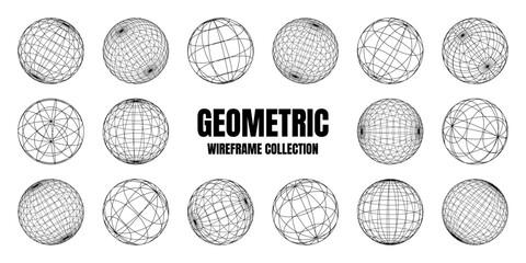 Wireframe shapes, lined sphere. Perspective mesh, 3d grid. Low poly geometric elements. Retro futuristic design elements, y2k, vaporwave and synthwave style. Vector illustration