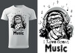 I Love Great Music with a Gorilla Illustration as a Textile Print Motif - Black and White Image, Vector