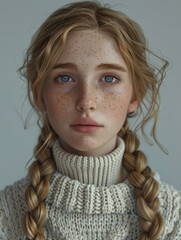 Digitally crafted image showing a blonde girl with captivating blue eyes and a detailed textured sweater