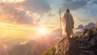 Jesus was praying on the top of a mountain with a staff in his hand