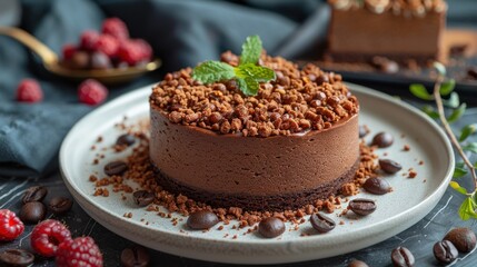A rich mocha cake with a crunchy topping, served on a minimalist white plate