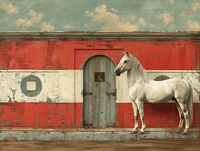 A White Horse Stands In Front Of A Red And White Building