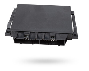 Poster - Plastic car engine control unit with plastic elements soaring on a white isolated background is connecting center of various subsystems, units and assemblies. Spare part.