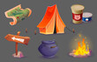 Camp equipment icon with tent for summer adventure. Outdoor hike element for picnic travel with map. Isolated trip campfire and survival recreation expedition. Cauldron and food can design with sign