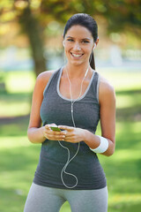 Poster - Woman, portrait and listening to music for exercise in park, fitness and commitment to training for healthy body. Young lady, happy face or runner with streaming audio for outdoor workout in nature